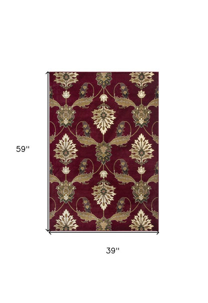 3' X 5' Red Beige And Brown Floral Vines Area Rug
