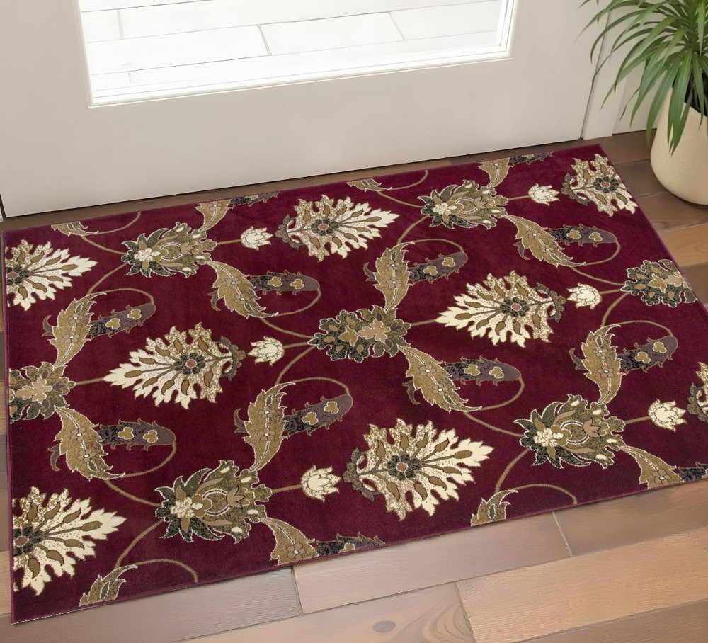 8' Red Beige And Brown Floral Vines Runner Rug