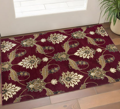 8' Red Beige And Brown Floral Vines Runner Rug
