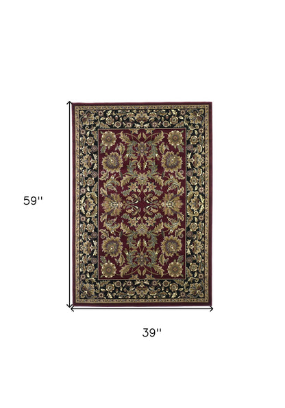 3' X 5' Red Black Machine Woven Floral Traditional Indoor Accent Rug