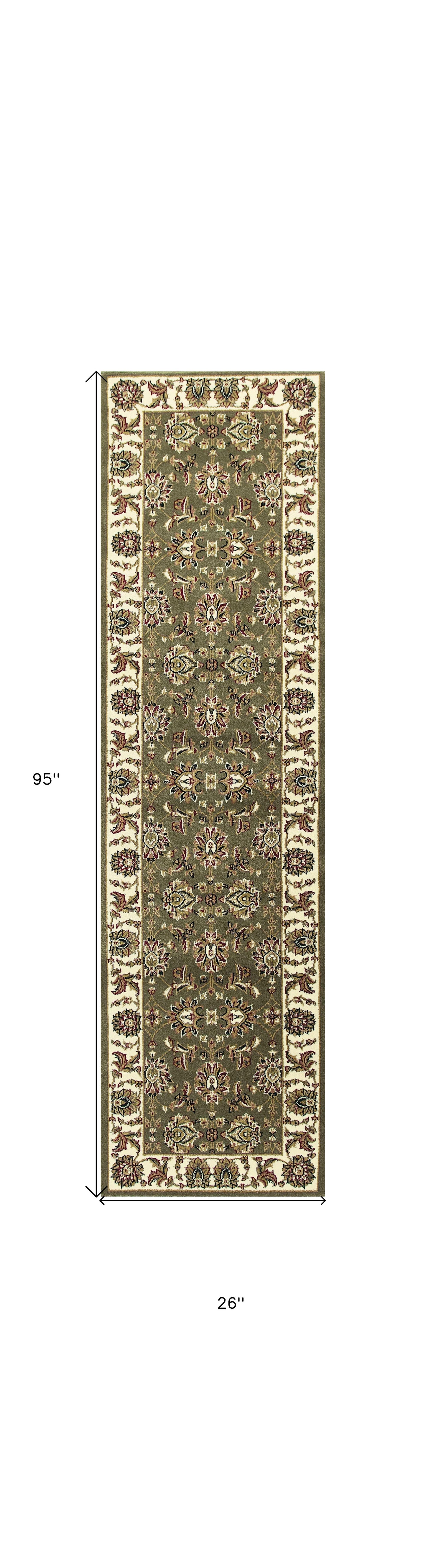 2' X 8' Green Or Ivory Traditional Runner Rug