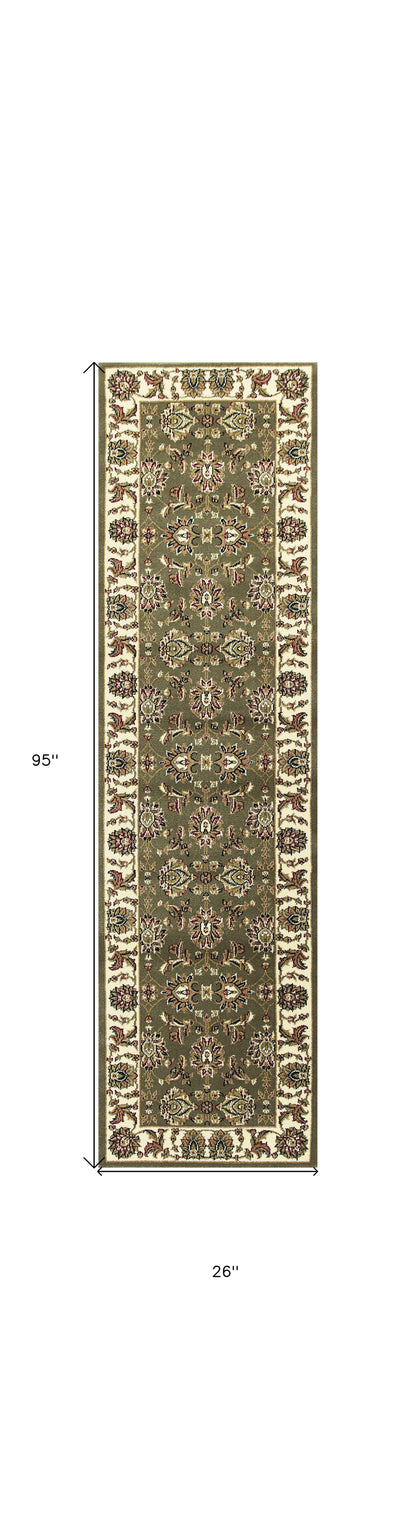 2' X 8' Green Or Ivory Traditional Runner Rug