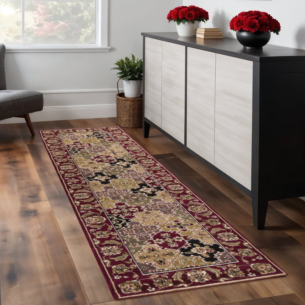 8' Red Orange And Black Quatrefoil Runner Rug