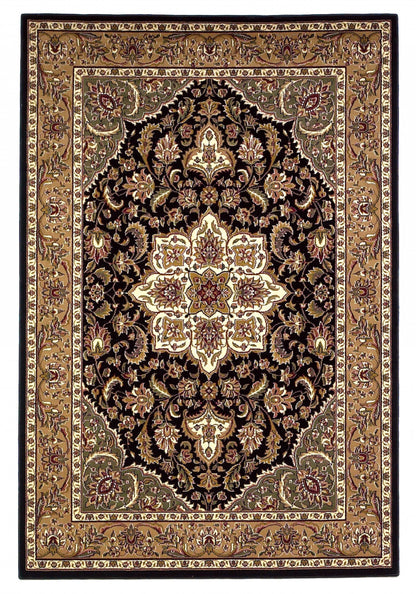 3' X 5' Black Beige Machine Woven Floral Medallion Indoor Area Rug