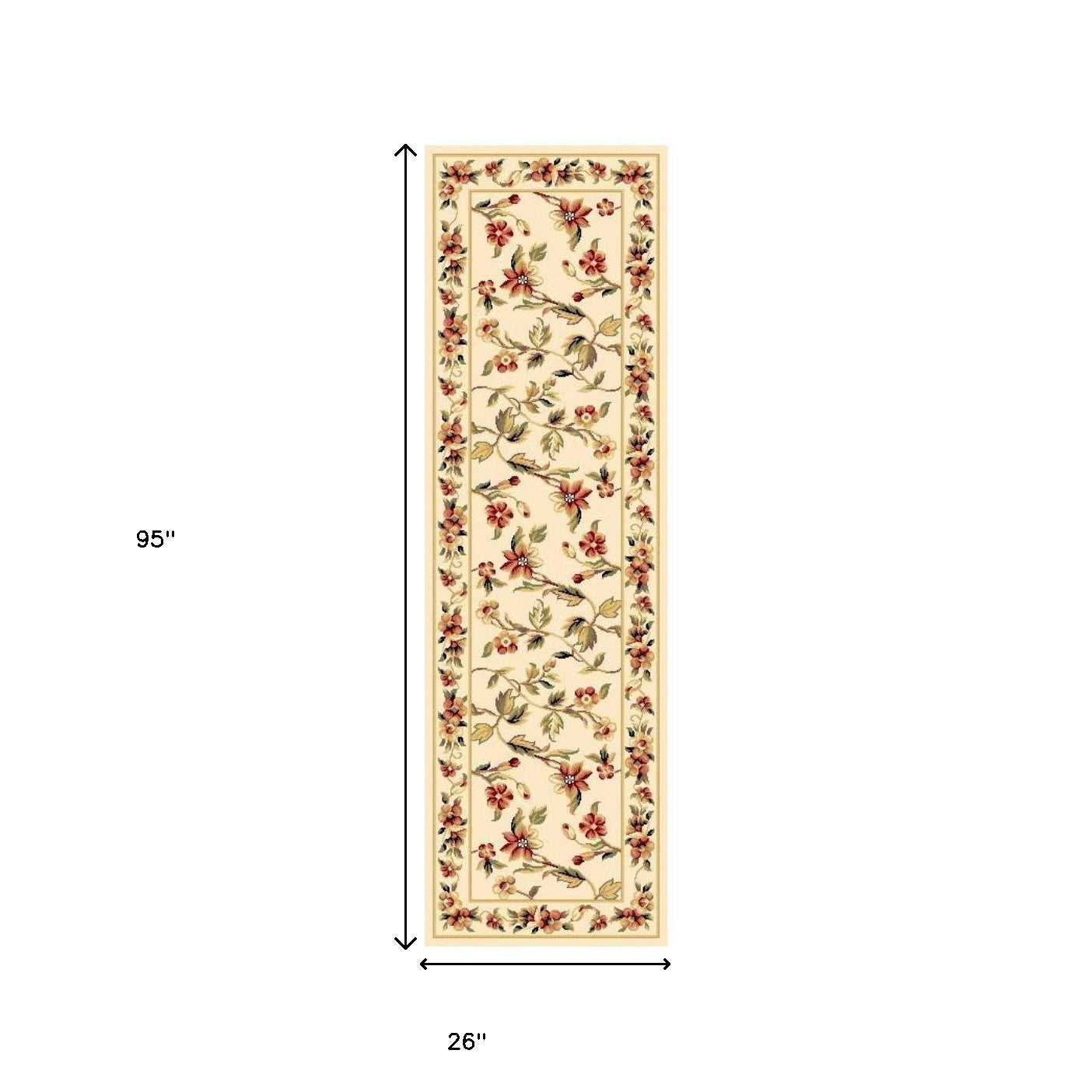 8' Ivory Green and Red Floral Vines Runner Rug