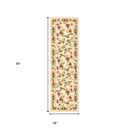 8' Ivory Green and Red Floral Vines Runner Rug