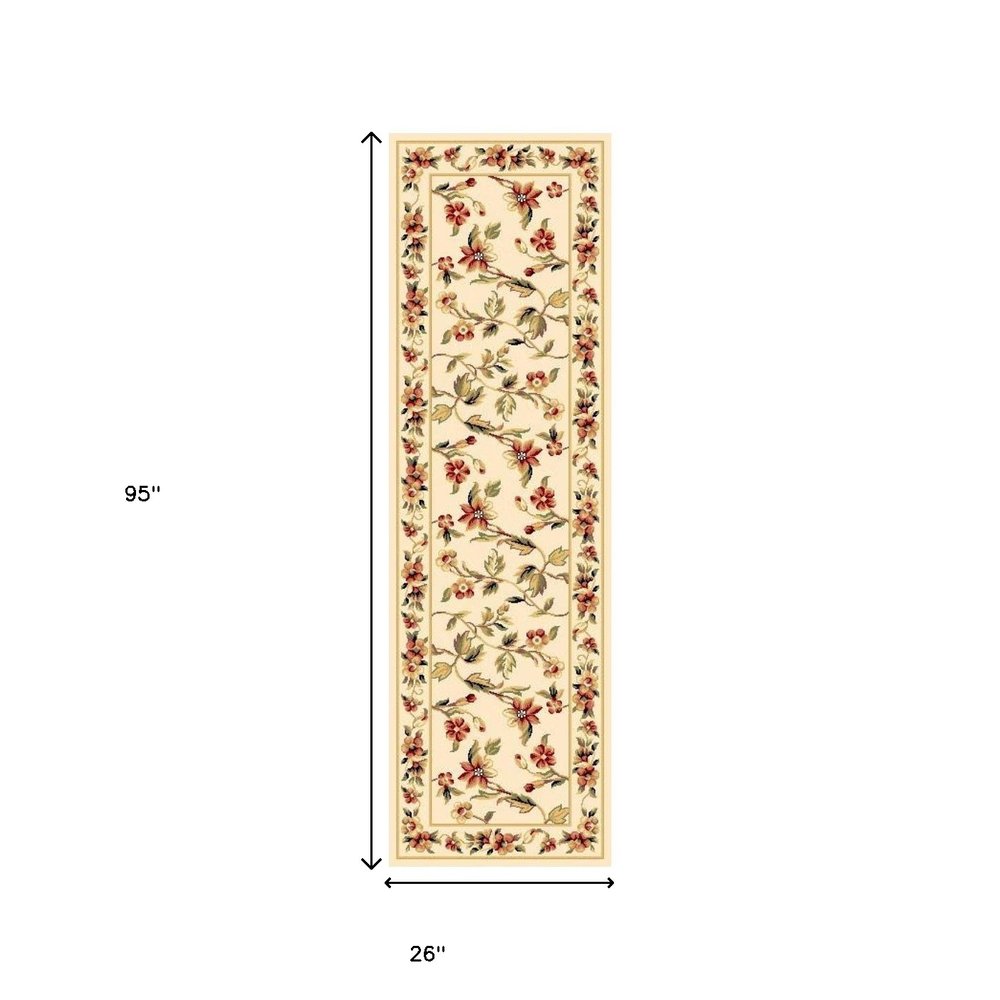 8' X 11' Ivory Green And Red Floral Vines Area Rug