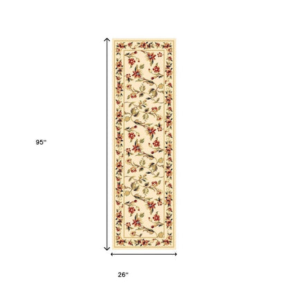 8' X 11' Ivory Green And Red Floral Vines Area Rug