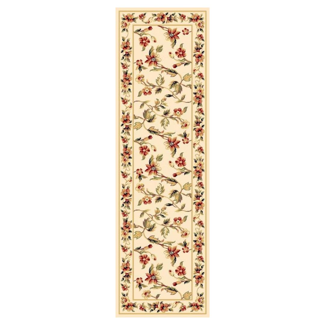 8' Ivory Green and Red Floral Vines Runner Rug