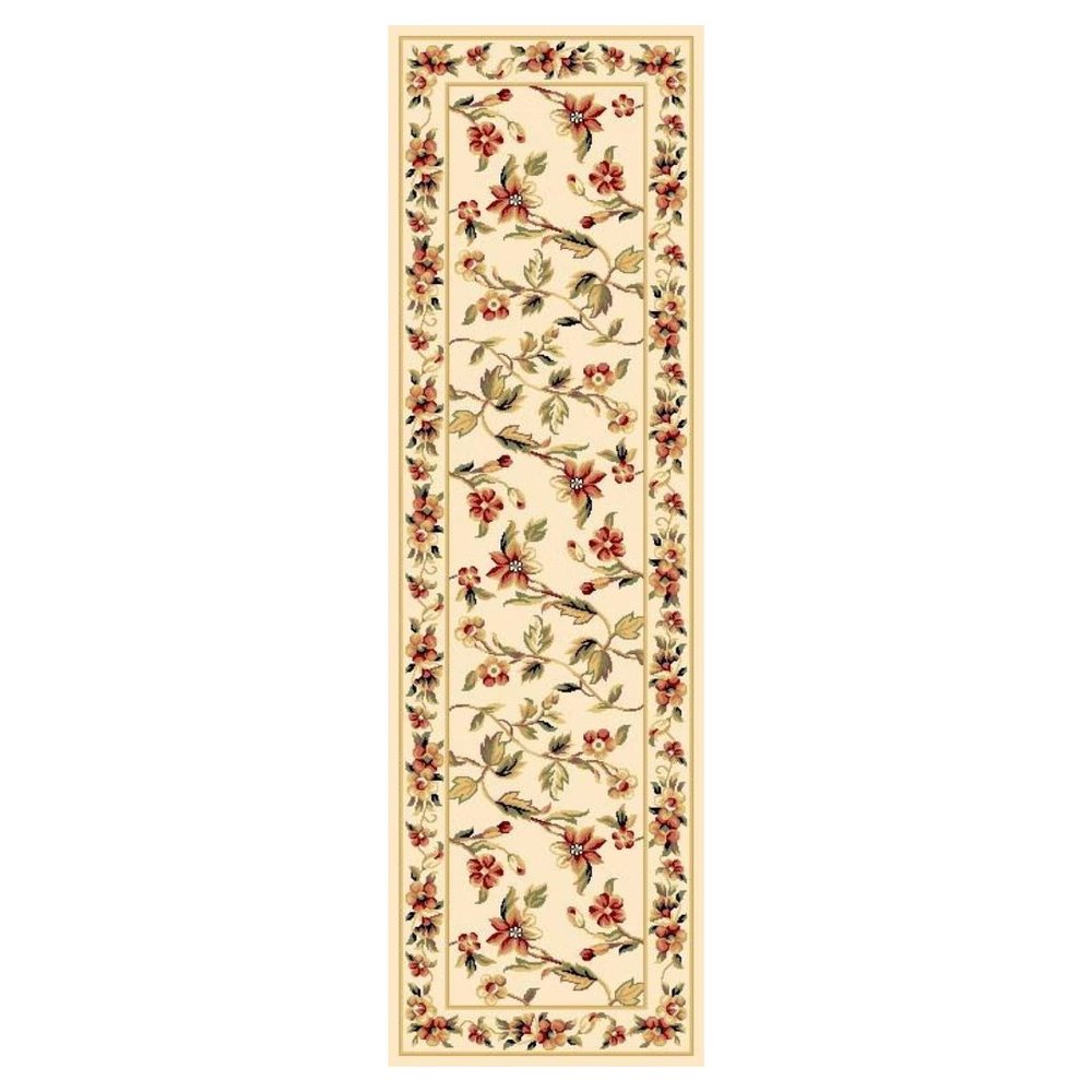 8' X 11' Ivory Green And Red Floral Vines Area Rug