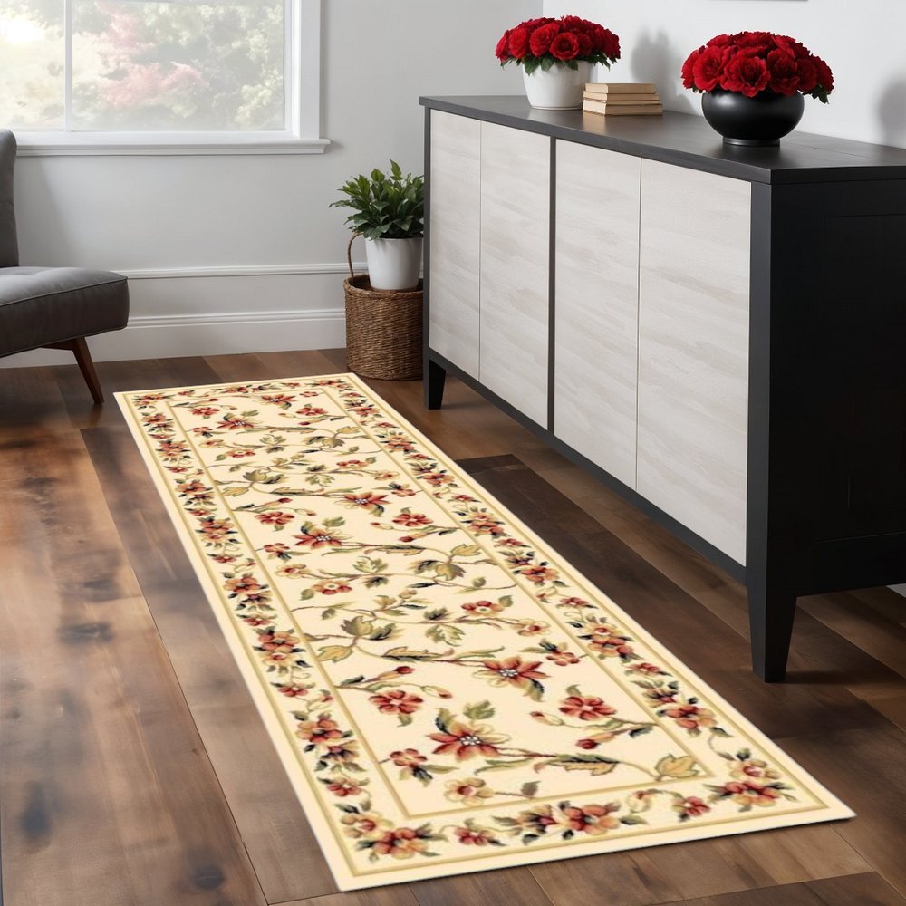 3' X 5' Ivory Green And Red Floral Vines Area Rug