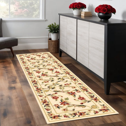3' X 5' Ivory Green And Red Floral Vines Area Rug