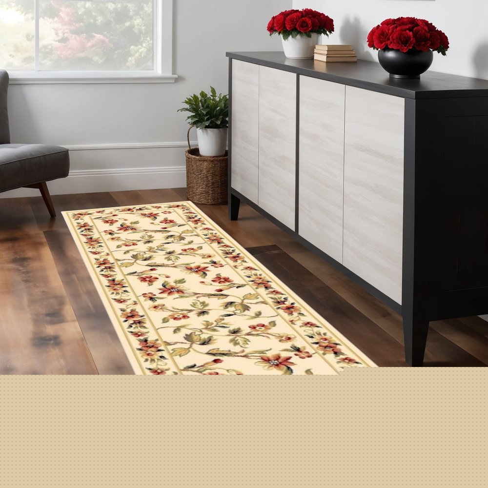 8' X 11' Ivory Green And Red Floral Vines Area Rug