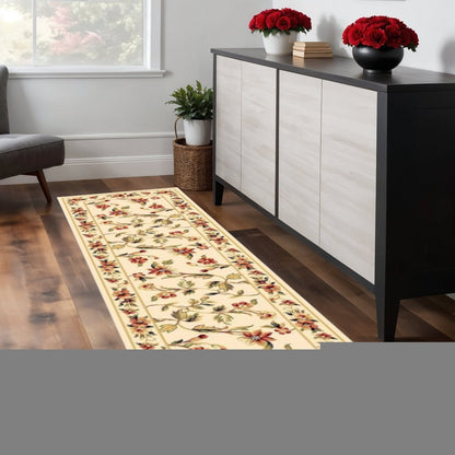 8' X 11' Ivory Green And Red Floral Vines Area Rug