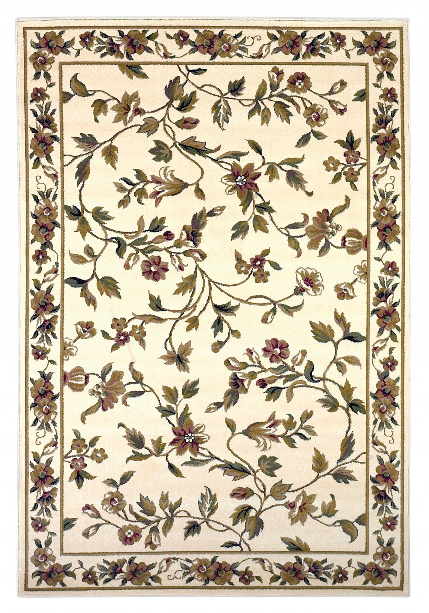 8' Ivory Green and Red Floral Vines Runner Rug