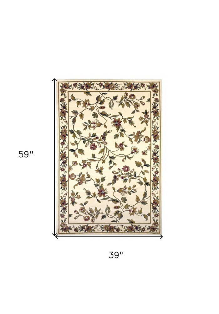 3' X 5' Ivory Green And Red Floral Vines Area Rug
