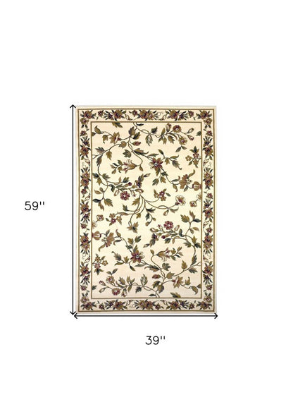 3' X 5' Ivory Green And Red Floral Vines Area Rug