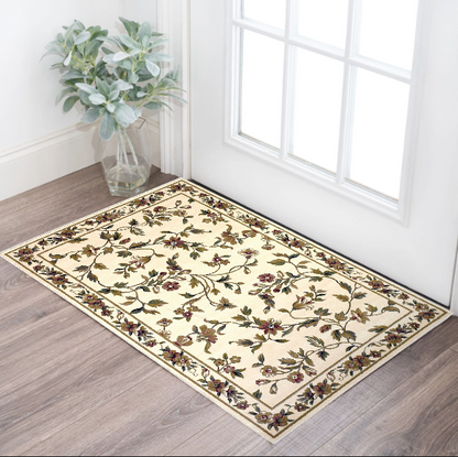 8' Ivory Green and Red Floral Vines Runner Rug