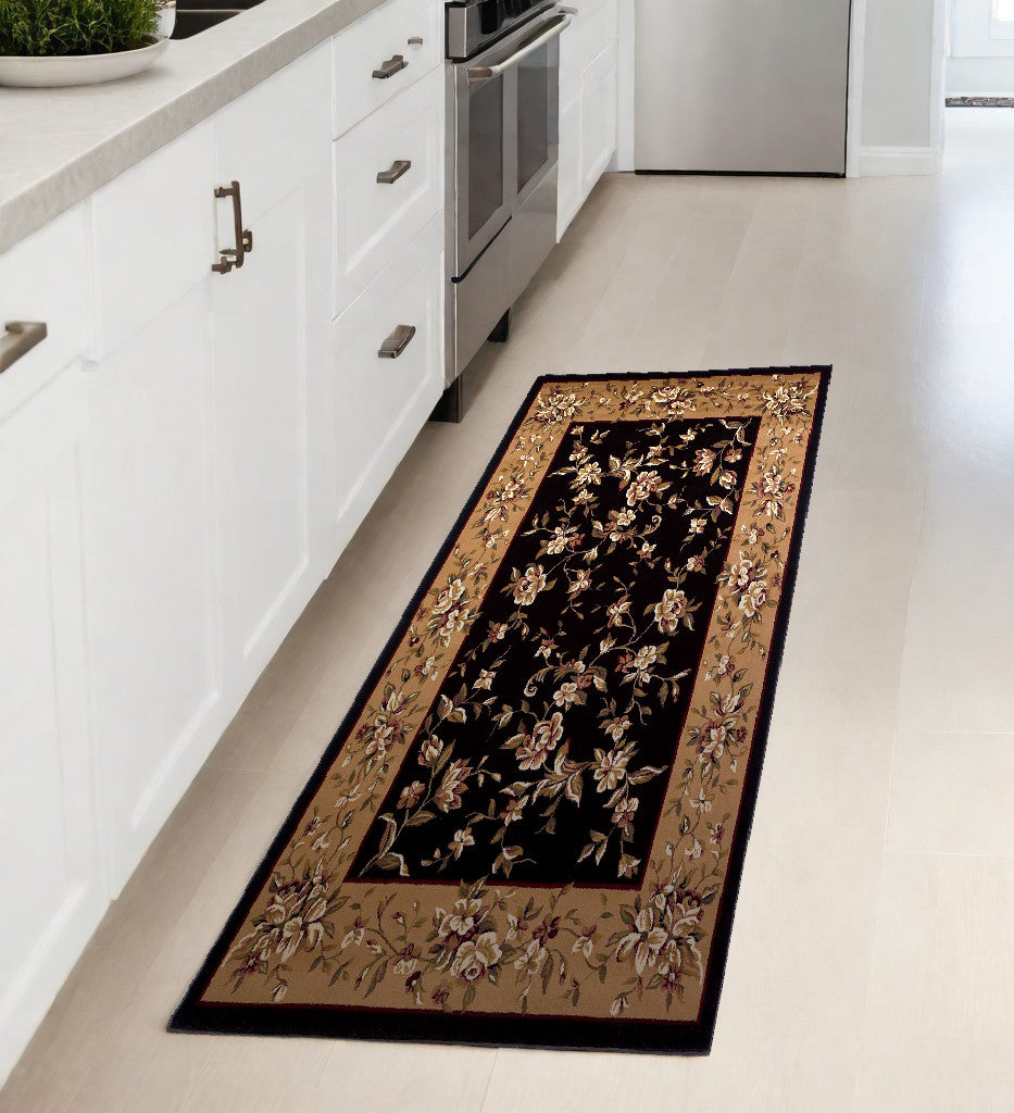 2' X 8' Black Or Beige Floral Runner Rug