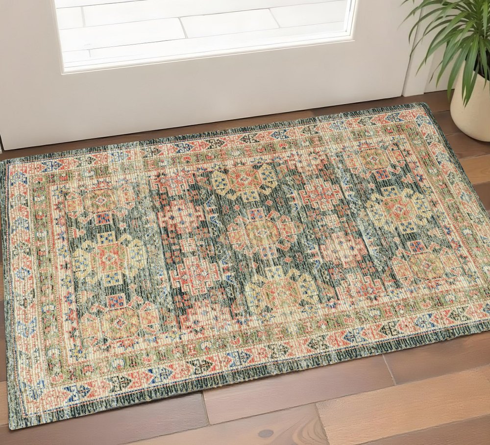 3' X 5' Brick Red Green And Brown Jute Southwestern Hand Woven Distressed Area Rug