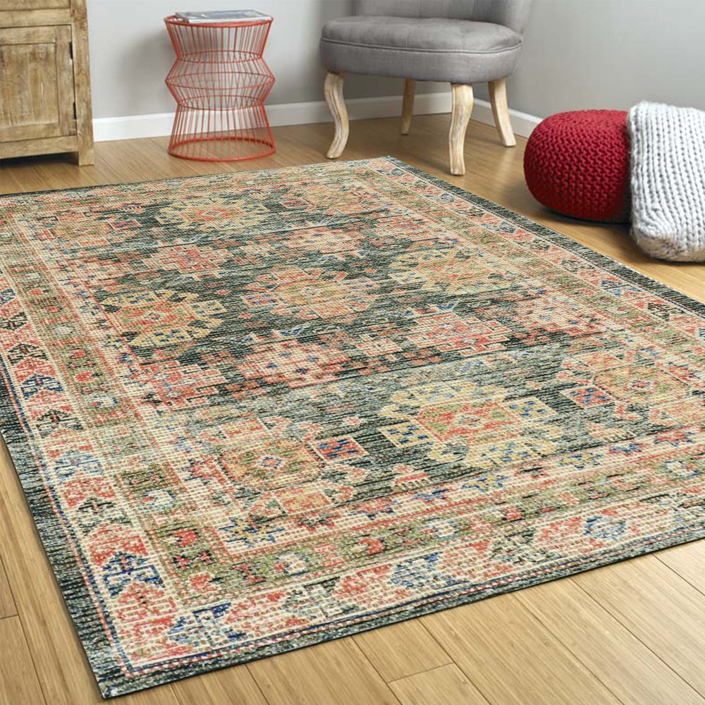 3' X 5' Brick Red Green And Brown Jute Southwestern Hand Woven Distressed Area Rug