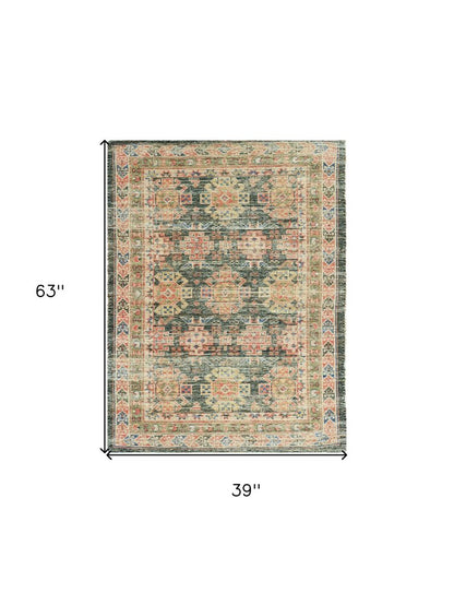 3' X 5' Brick Red Green And Brown Jute Southwestern Hand Woven Distressed Area Rug