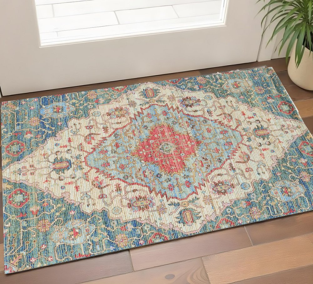 3' X 5' Blue Beige And Brick Red Jute Medallion Hand Woven Area Rug