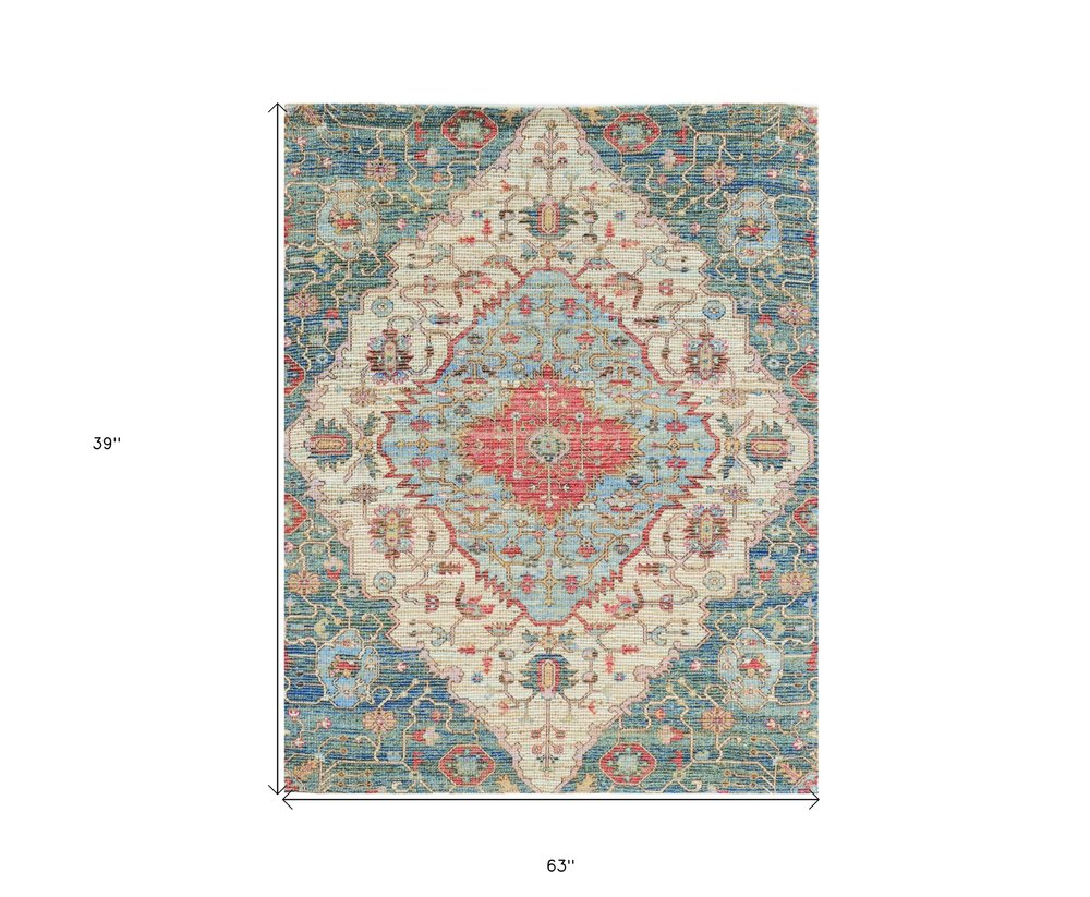 3' X 5' Blue Beige And Brick Red Jute Medallion Hand Woven Area Rug