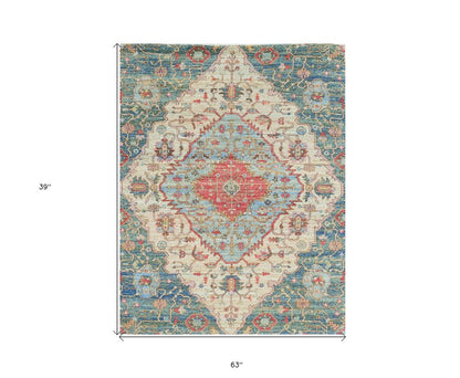 3' X 5' Blue Beige And Brick Red Jute Medallion Hand Woven Area Rug