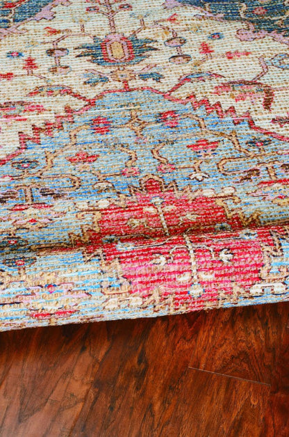 3' X 5' Blue Beige And Brick Red Jute Medallion Hand Woven Area Rug