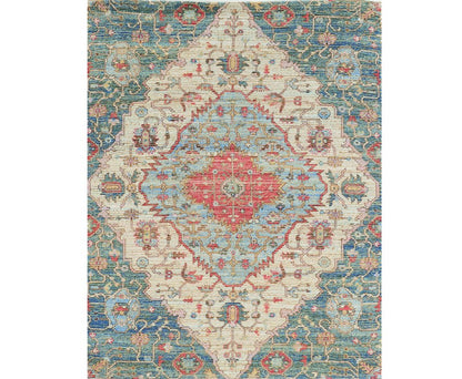3' X 5' Blue Beige And Brick Red Jute Medallion Hand Woven Area Rug