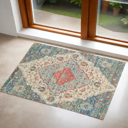 8' X 10' Blue Red Hand Woven Diamond Medallion Indoor Area Rug