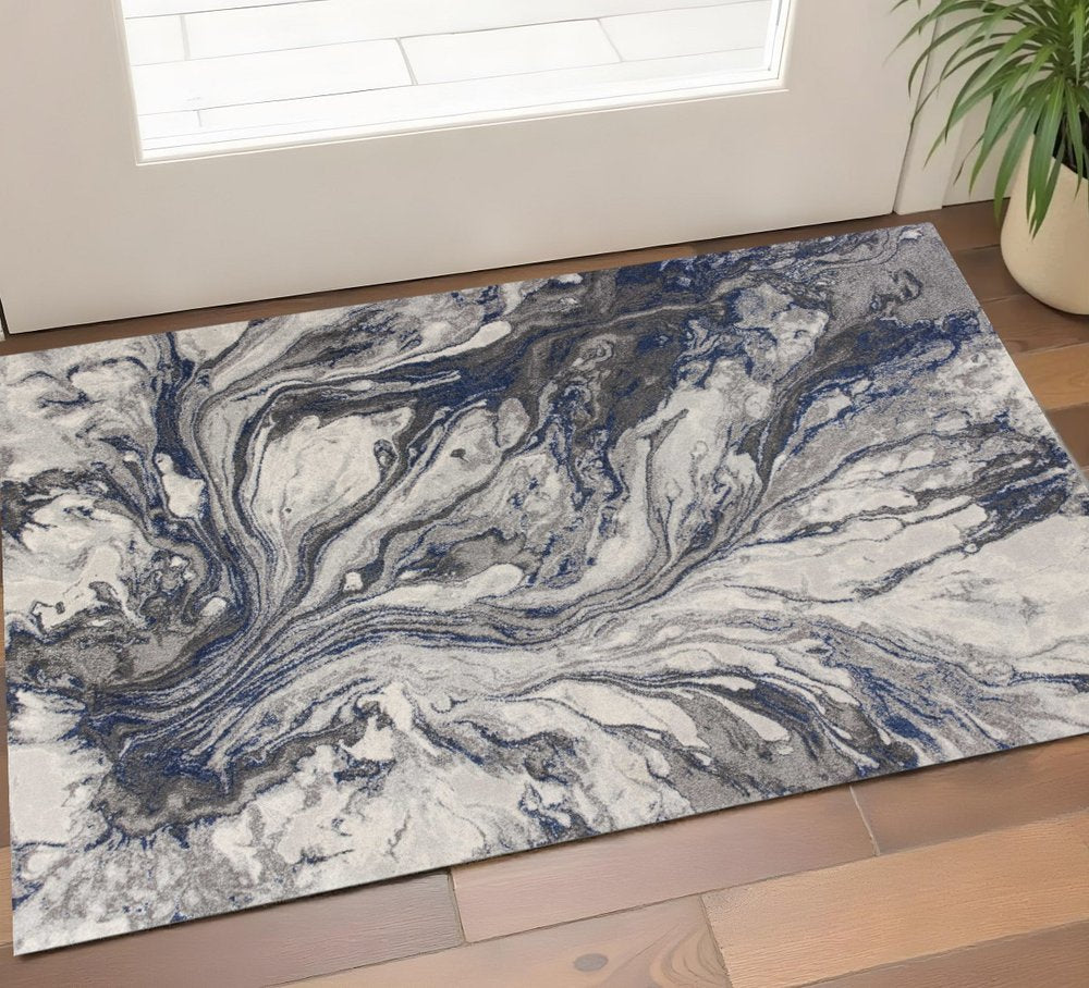 3' X 5' Blue And Gray Abstract Area Rug