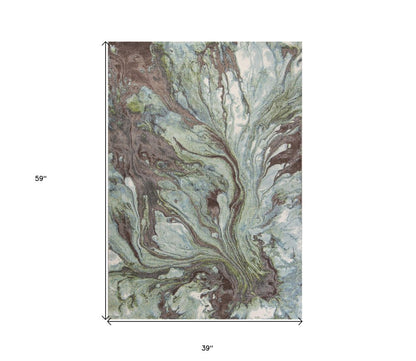 3' X 5' Green And Brown Abstract Area Rug