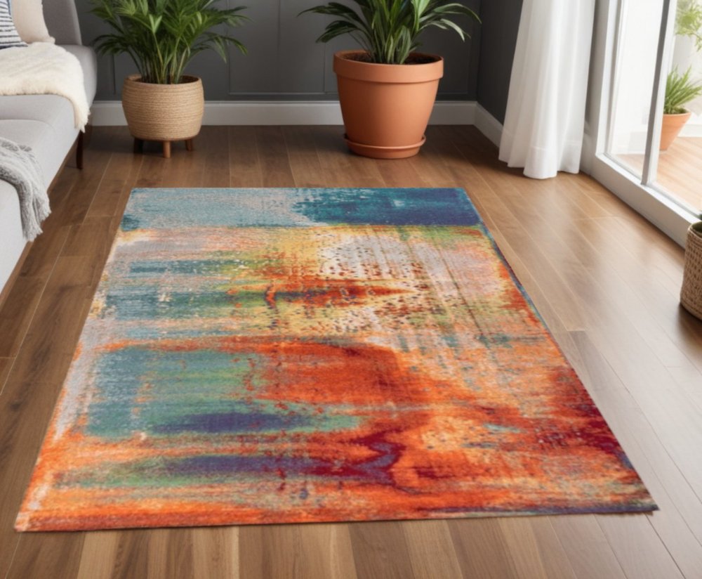 3' X 5' Blue Rust And Orange Abstract Area Rug