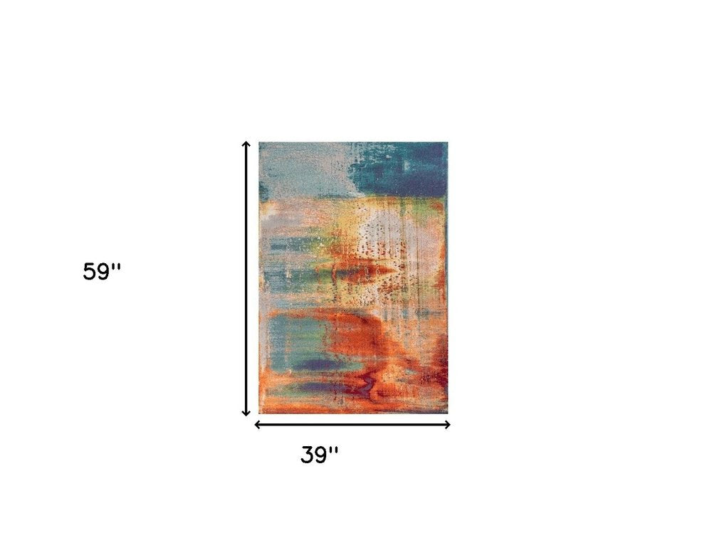 3' X 5' Blue Rust And Orange Abstract Area Rug