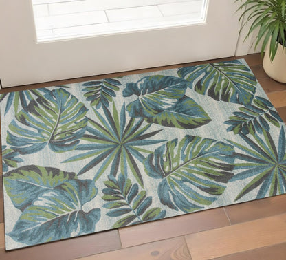 3' X 5' Beige Teal And Green Tropical Botanical Area Rug