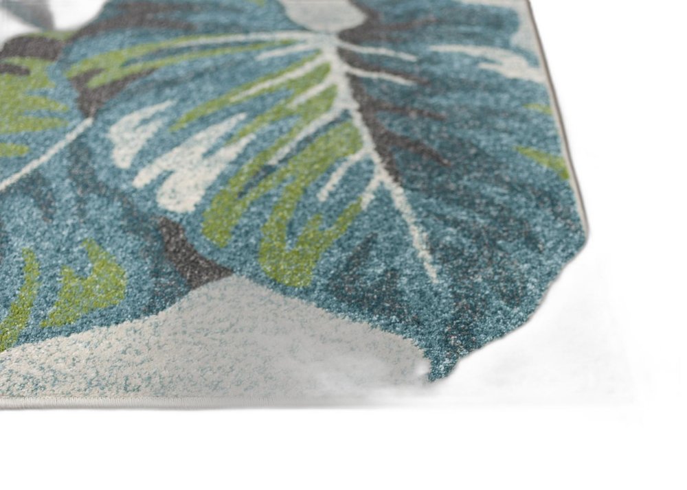3' X 5' Beige Teal And Green Tropical Botanical Area Rug