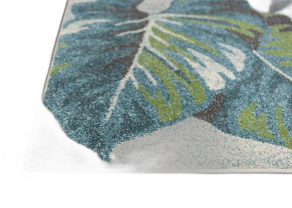 3' X 5' Beige Teal And Green Tropical Botanical Area Rug