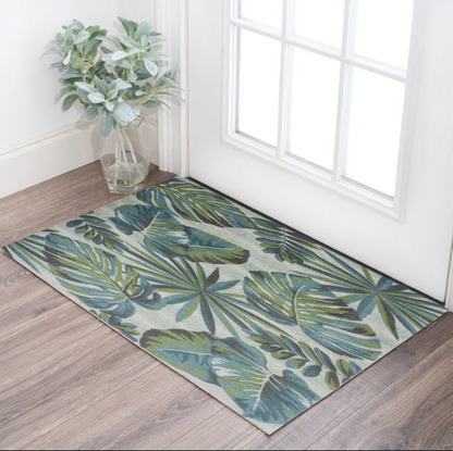 3' X 5' Teal and Ivory Tropical Floral Area Rug