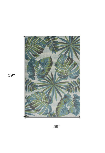 3' X 5' Beige Teal And Green Tropical Botanical Area Rug
