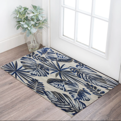 3' X 5' Blue and Gray Botanical Leaves Area Rug