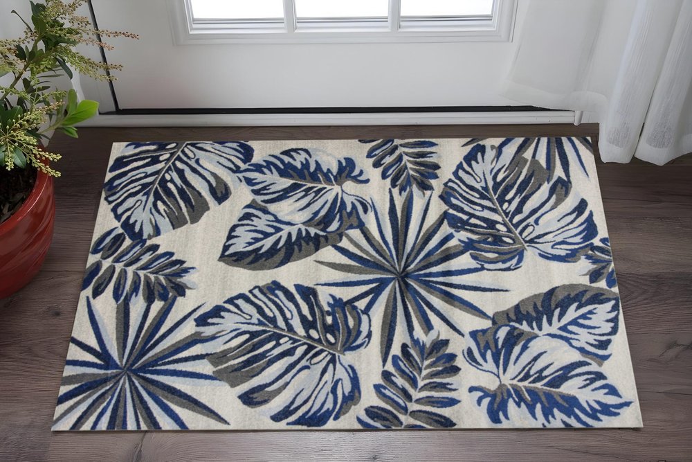 3' X 5' Blue and Gray Botanical Leaves Area Rug