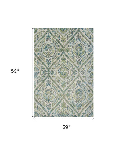 3' X 5' Green Ivory And Teal Medallion Area Rug