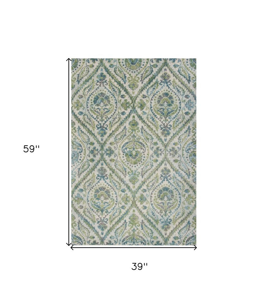 3' X 5' Green Ivory And Teal Medallion Area Rug