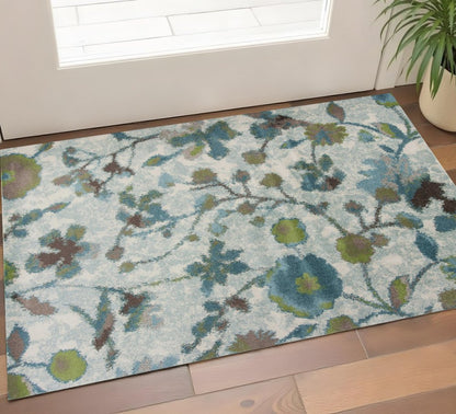 3' X 5' Teal Blue White And Green Floral Vines Area Rug