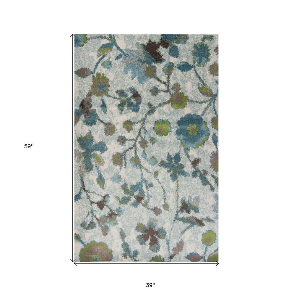 3' X 5' Teal Blue White And Green Floral Vines Area Rug