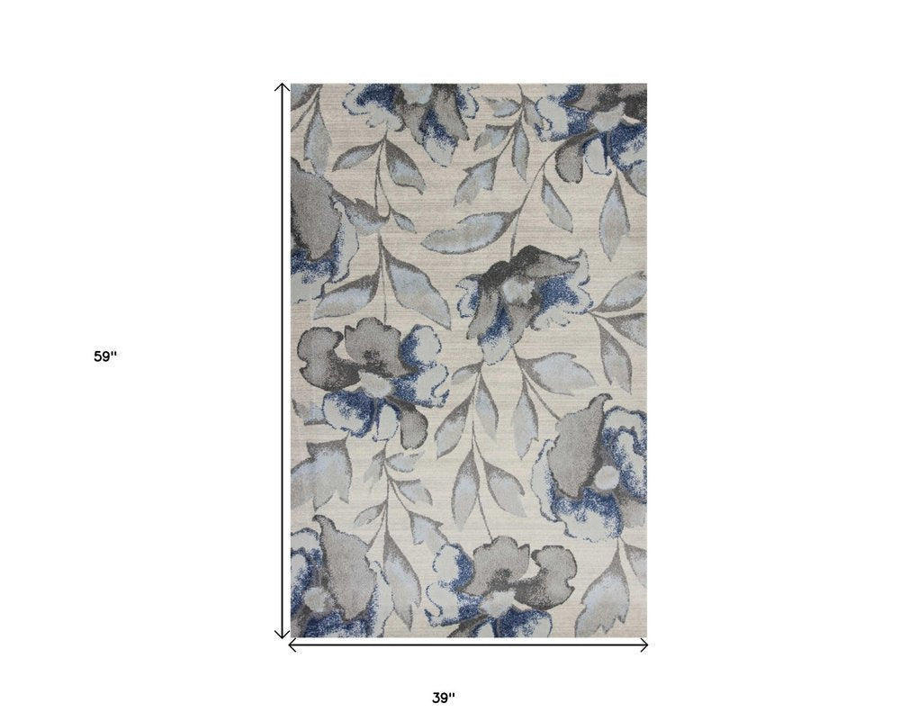 3' X 5' Ivory Blue And Gray Floral Vines Area Rug