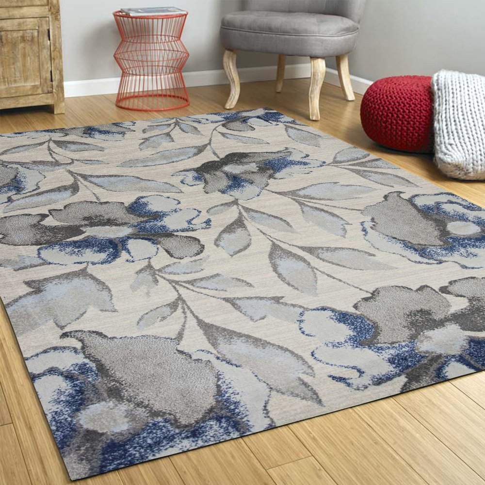 3' X 5' Ivory Blue And Gray Floral Vines Area Rug