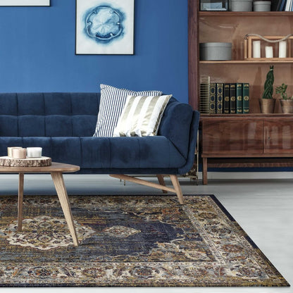 3' X 5' Navy Blue Gold And Ivory Medallion Area Rug